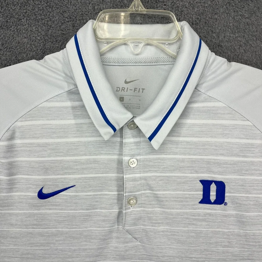 Nike Duke Blue Devils Polo Mens Large Blue Gray Striped Dri-FIT Golf Shirt